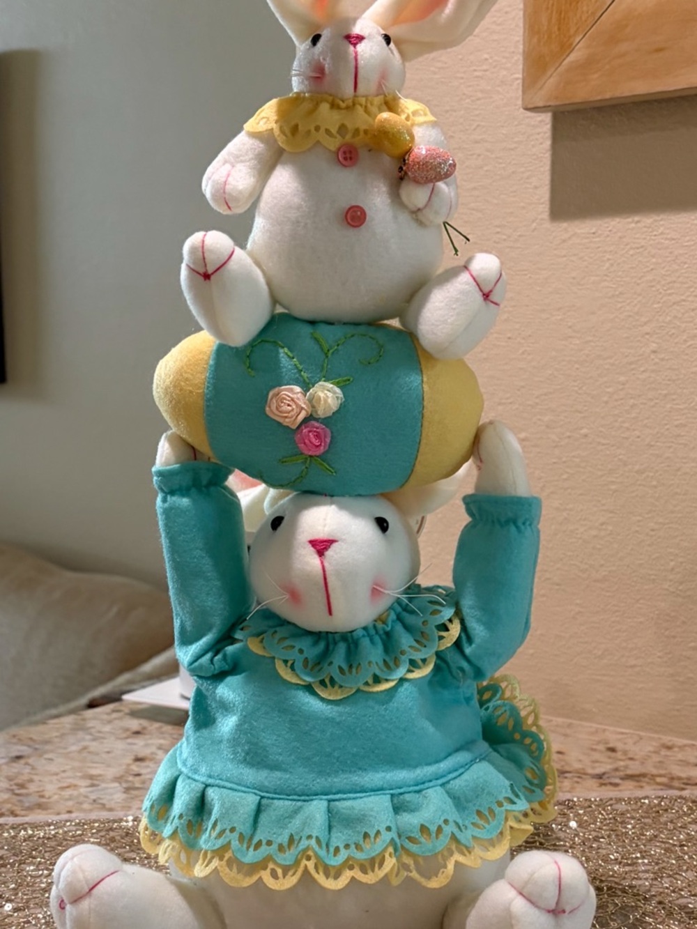 Teal and Yellow Stacked Mama & Baby Bunny Easter Holiday Plush Decor - Picture 2 of 2